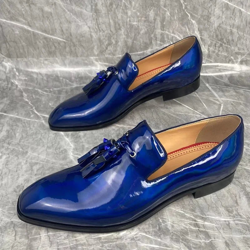 Blue Shiny with Tassels Leather Shoes