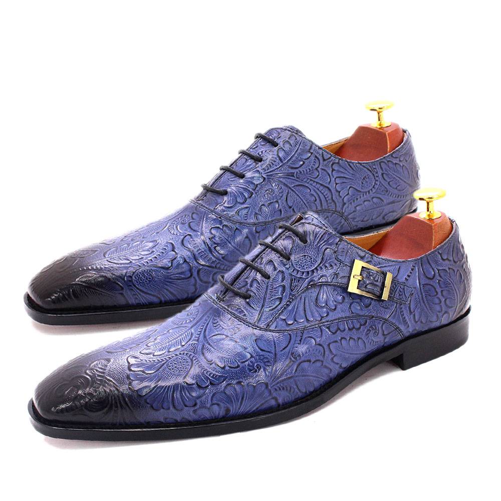 Blue Floral Design Buckle Lace-Up Oxford Shoes