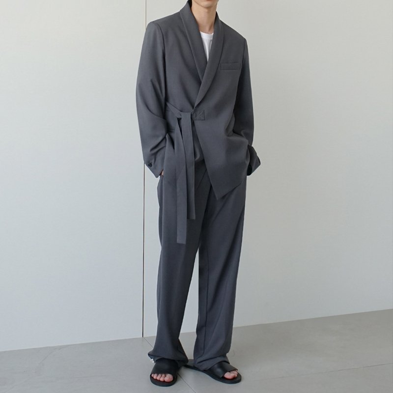 Solid Cotton Belt Blazer Pants Set