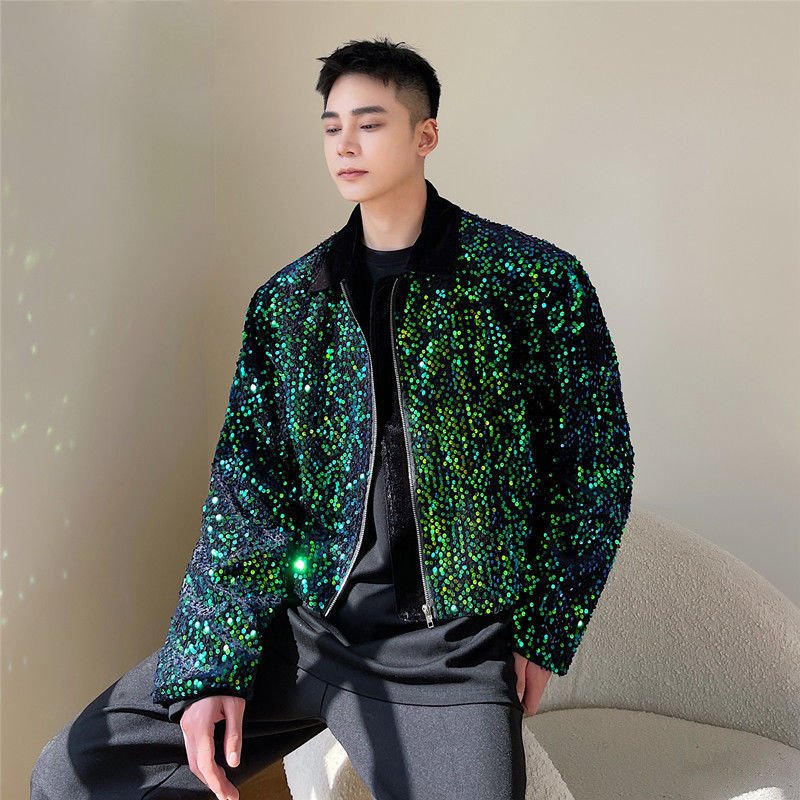 Green Sequined Black Lining Men Jacket