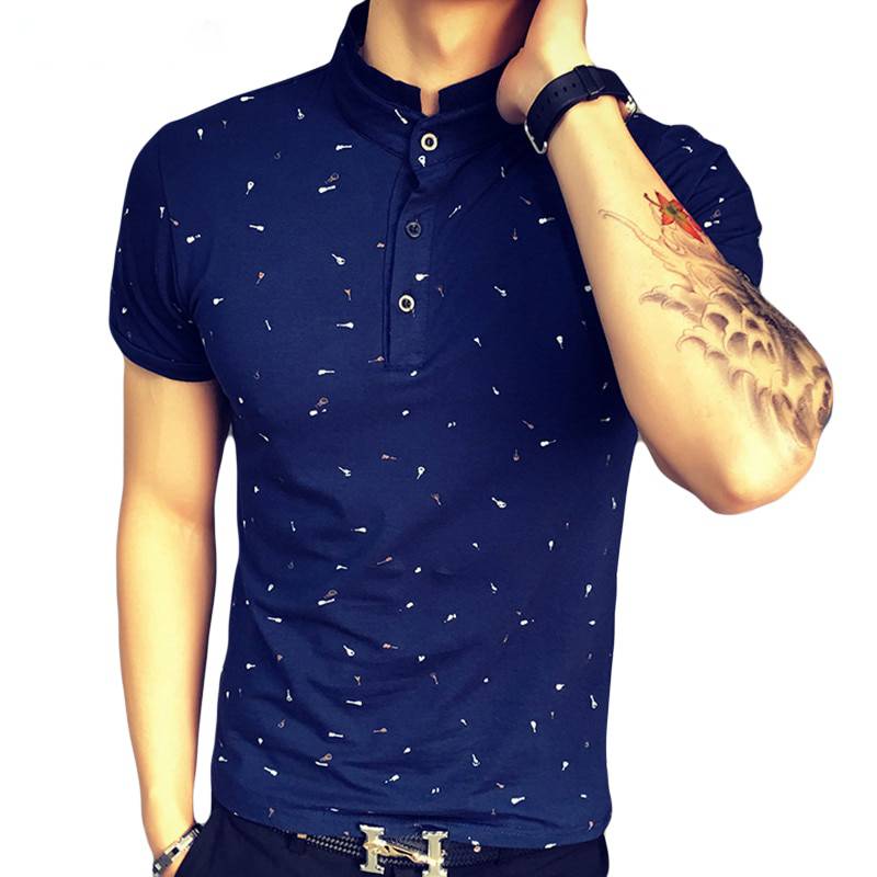 Dot Guitar Printed Stand Collar Short Sleeve Style Men Polo Shirt