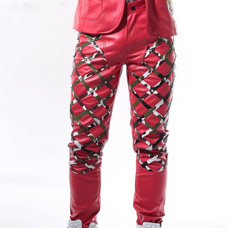 Trouser PU Leather Rivet Decor Full Length Pants