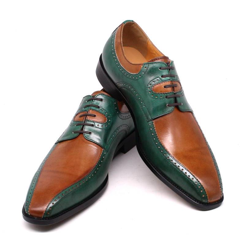 Italian Handmade Leather Green & Camel Brogue Shoes