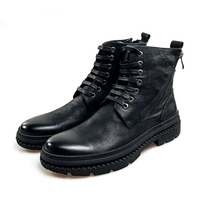 Black Casual Lace Up Men Mid Calf Leather Boots - FanFreakz