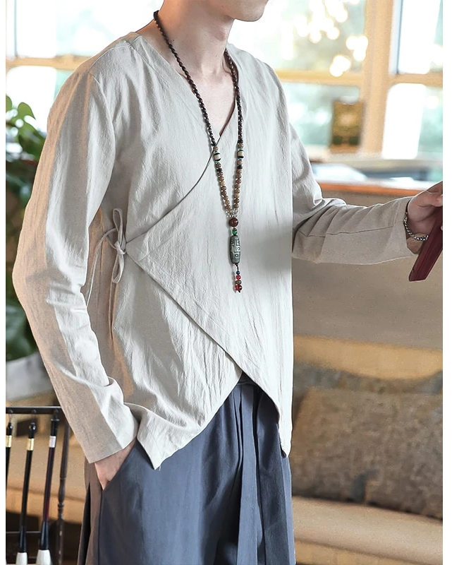 Chinese Asymmetric Lining Tied Long Sleeve Casual Style Men Shirts