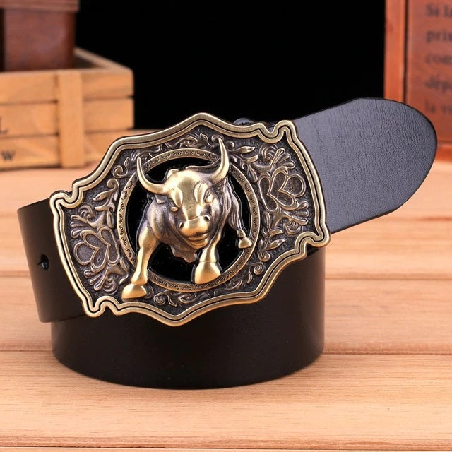 Bulls Head Big Buckle Men Leather Belt