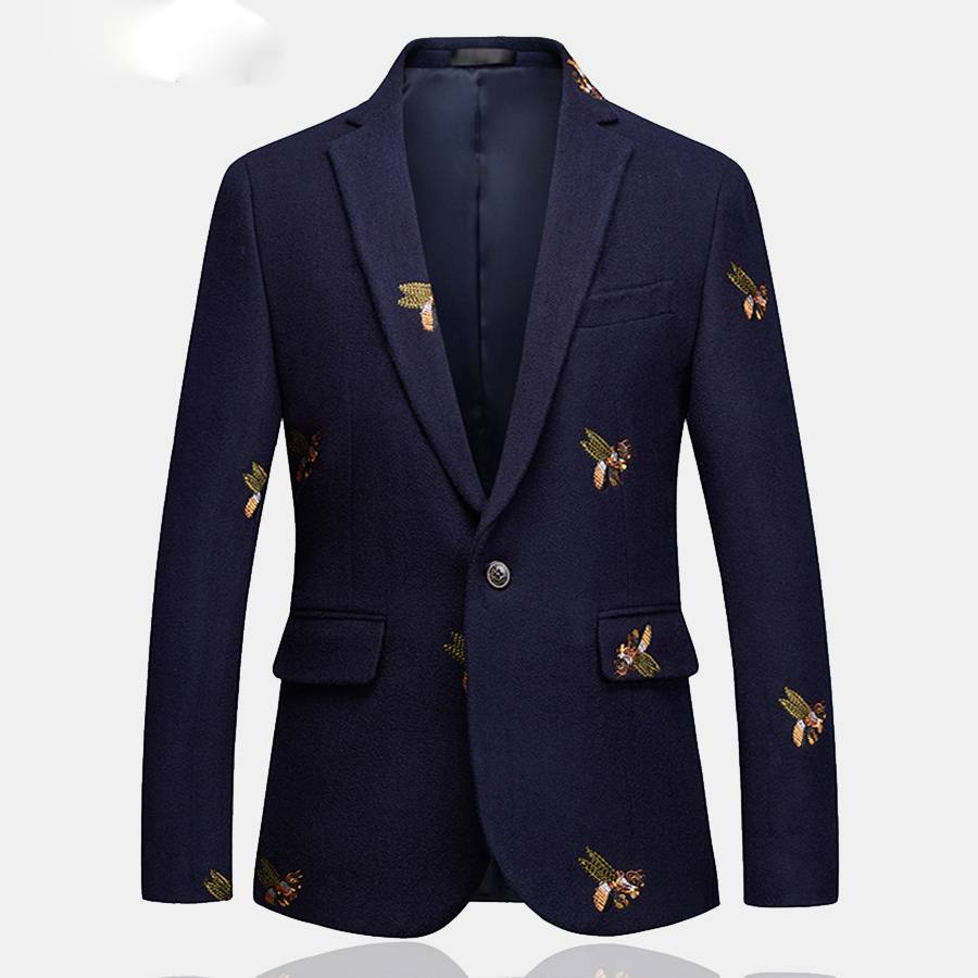 Navy Blue with  Bee Embroidery Smart Casual Slim Fit Men Blazer