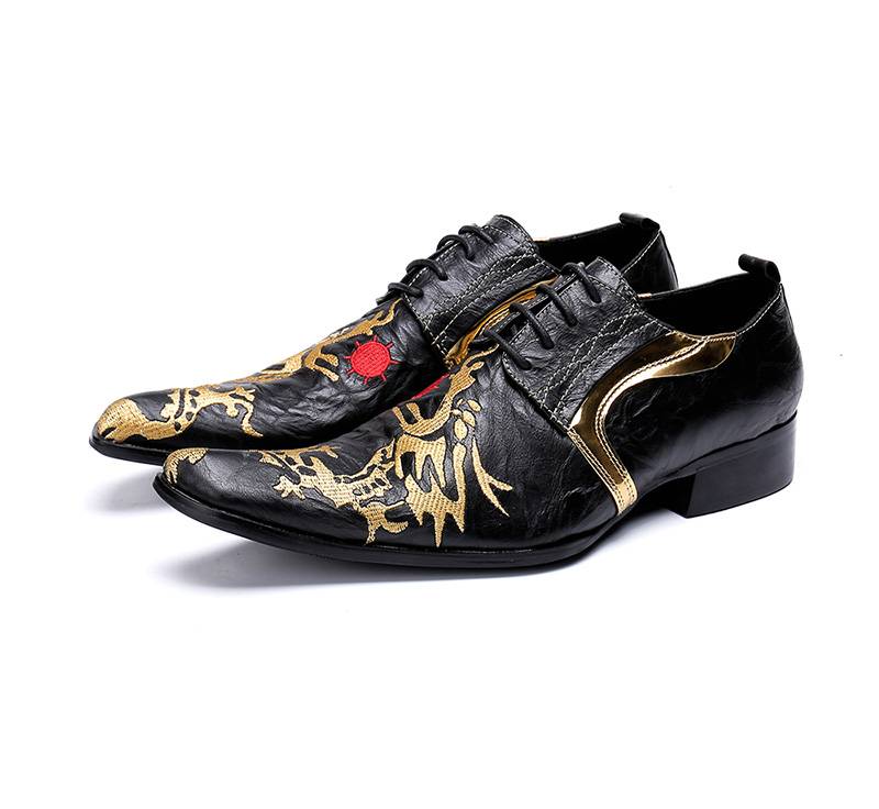 Fancy Black with Gold Painting Lace Up Details Men Dress Shoes