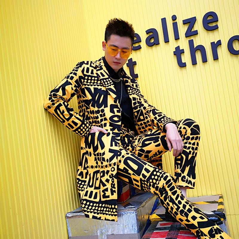 Yellow with Full Letter Print Slim Fit Costume Style Men Suit