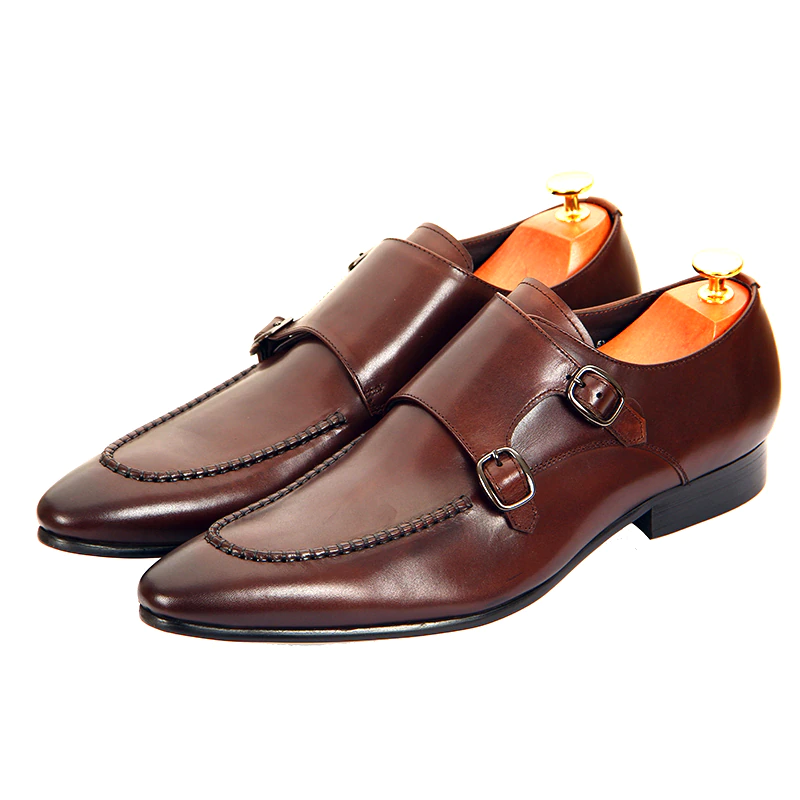 Brown Monk Buckle Slip-On Pointed Leather Shoes