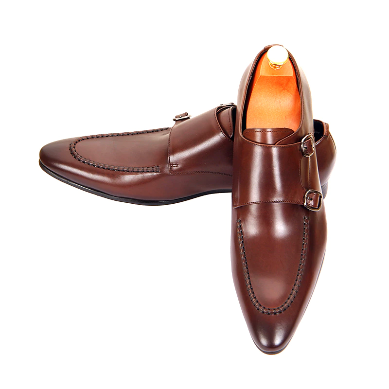 Brown Monk Buckle Slip-On Pointed Leather Shoes