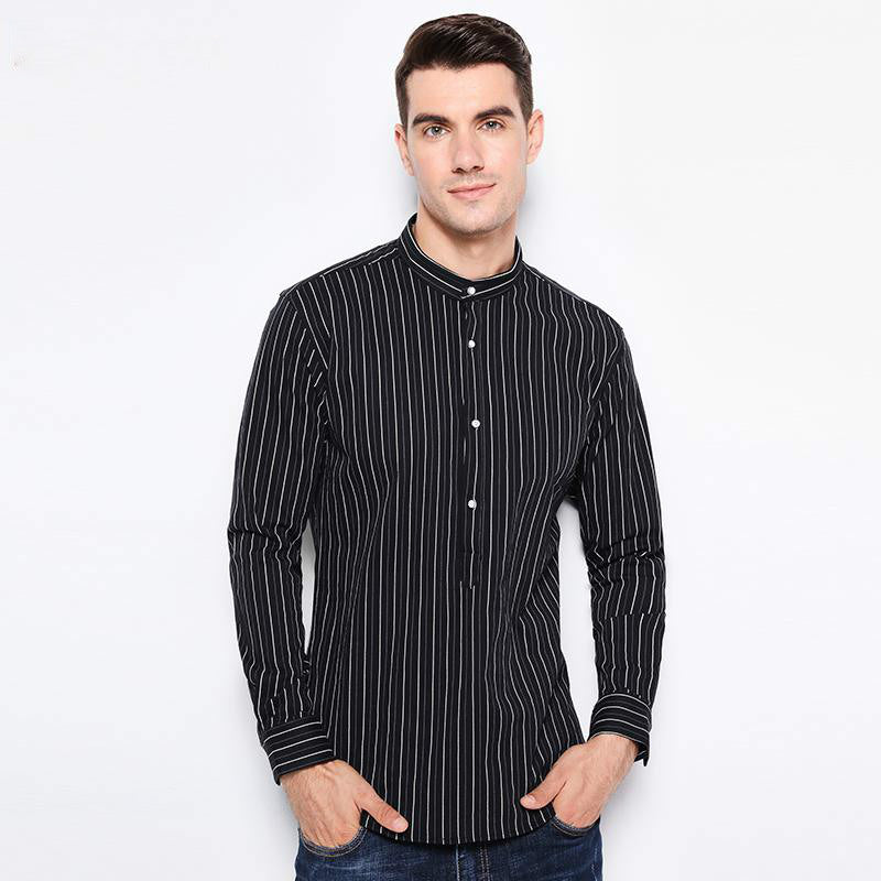 Mandarin Collar Cotton Stripes Design Men Slim Fit Long Sleeves Shirt