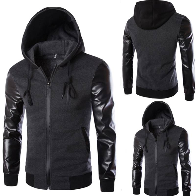 Solid Faux LeatherSleeve Style Hooded Jacket