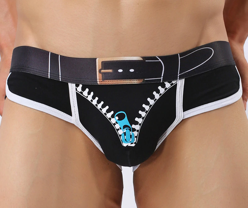 Belt and Open Front-Zipper Print Style Man Briefs