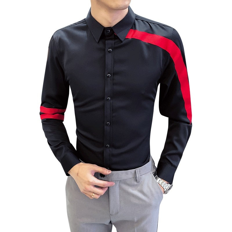 Simple Red Ribbon Patchwork Modern Style Men Shirts