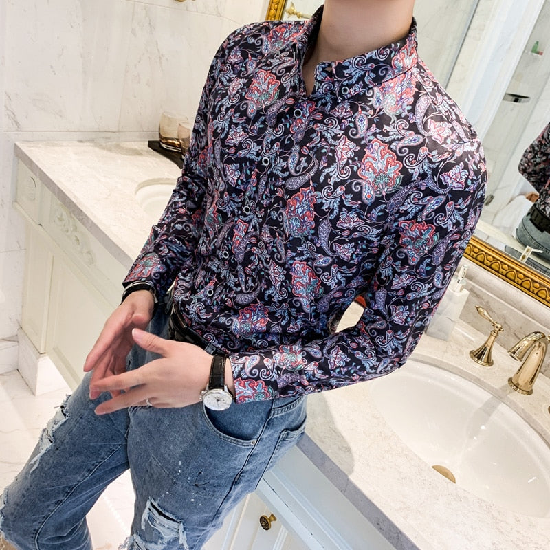 Floral Lilac Paisley Print Long Sleeve Casual Men Shirts