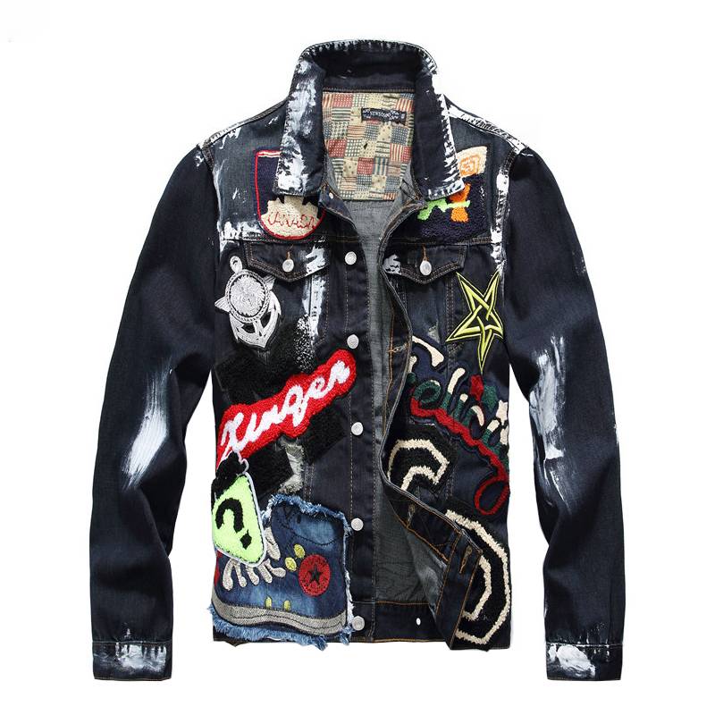 Trendy Mix Badge Patches Painted Men Denim Jacket