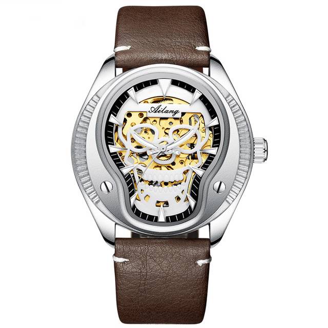 Gold Silver Skull Head Skeleton Mechanical Men Watch