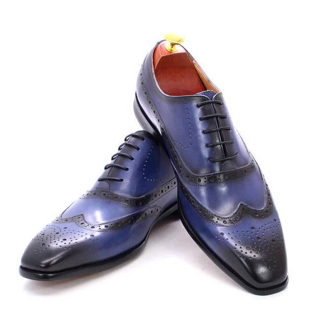 Blue Handmade Lace Up Wingtip Oxford Shoes