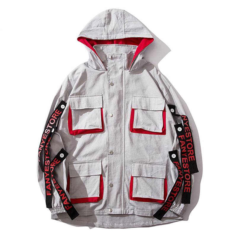 Multi Pockets with Ribbons Sleeves Detail Men Windbreaker Jacket