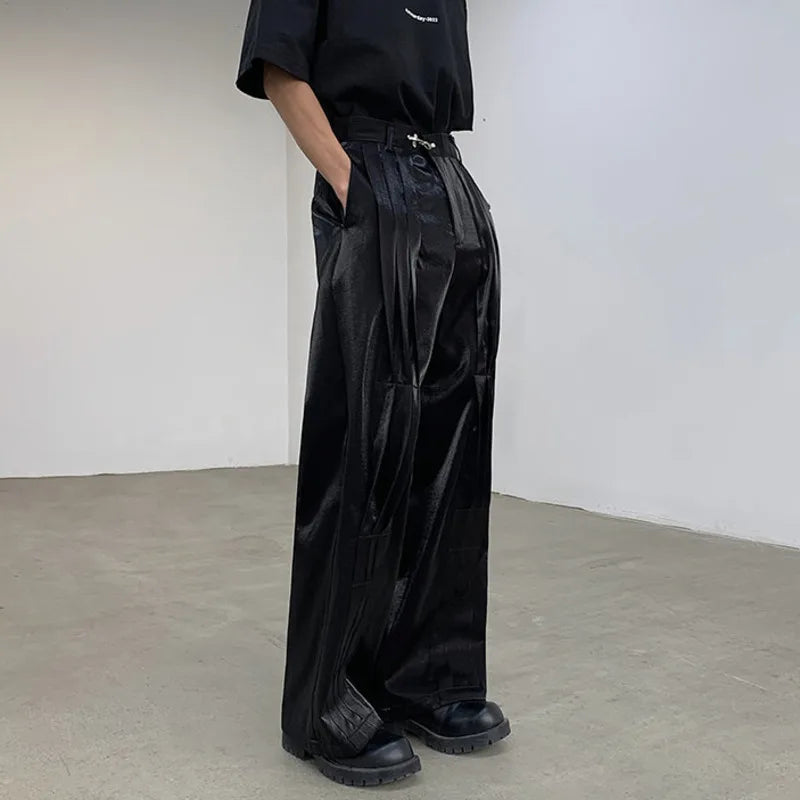 Black Pleated Metal Buckle Design Trousers