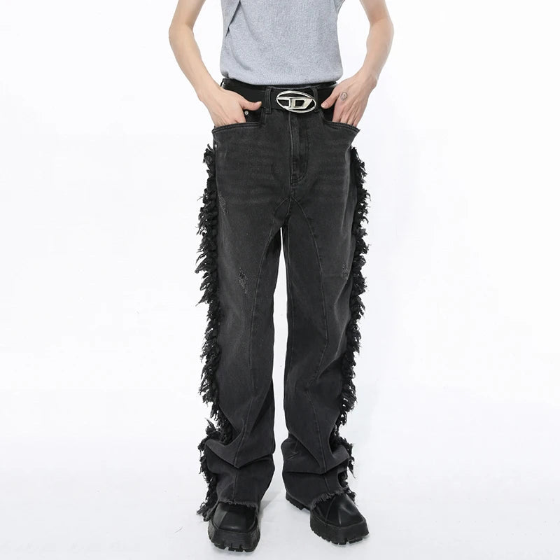 Black Ragged Edge Splicing Denim Jeans