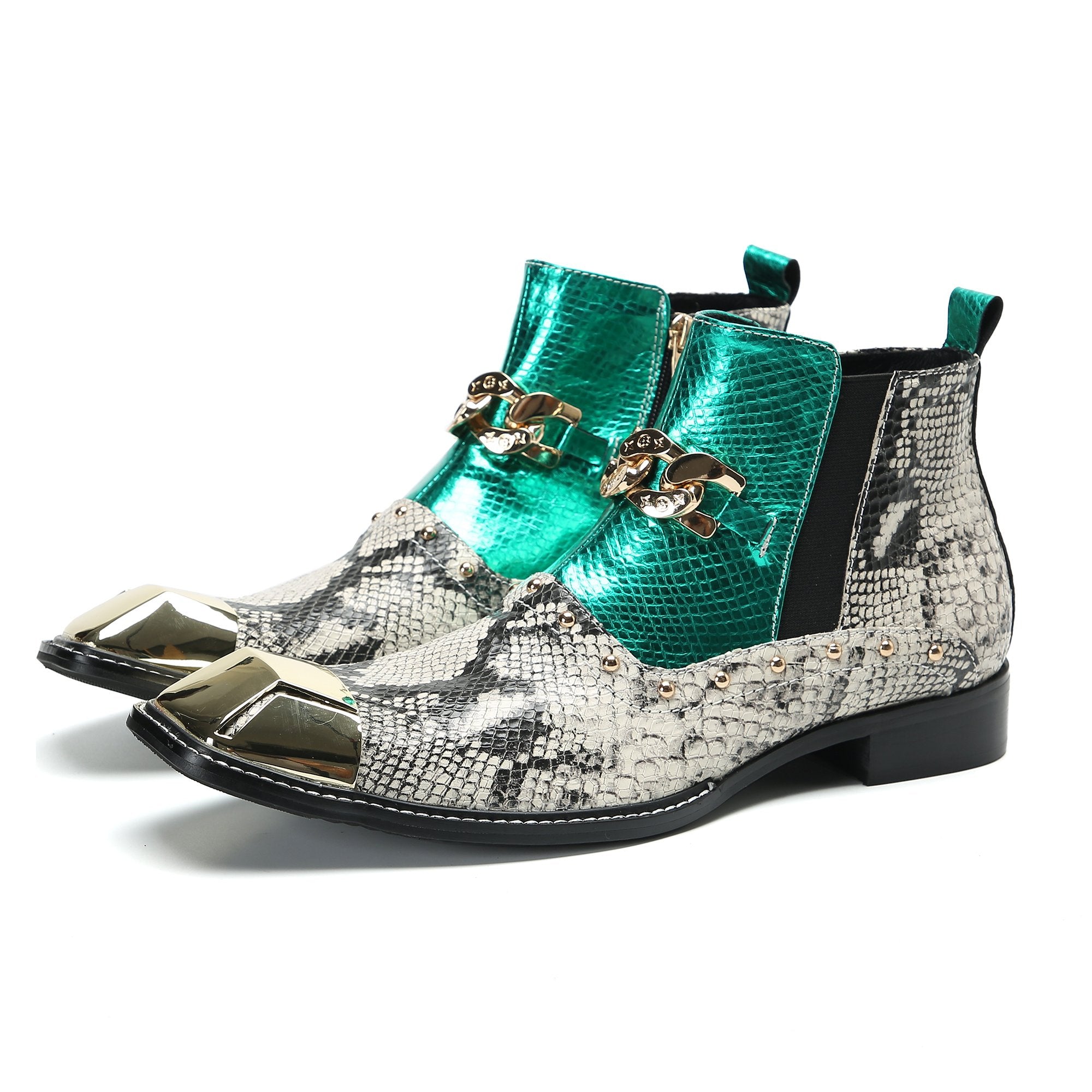 Snake Pattern Metal Appliques Genuine Leather Boots