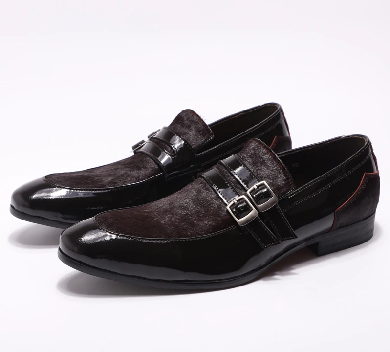 Double Buckles Patent Leather Casual Men Shoes