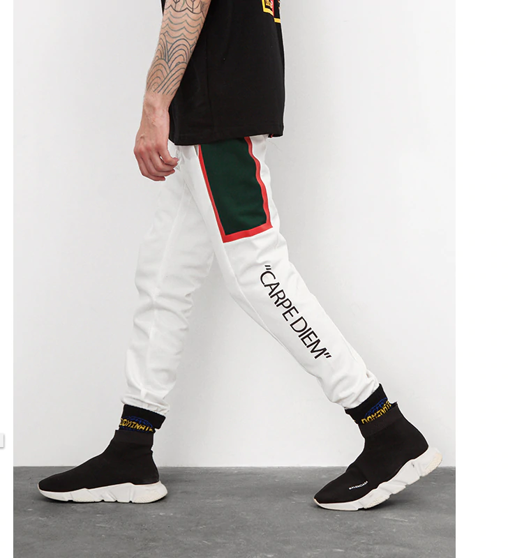 White Casual with Letter Side Printed  Striped Men Pants