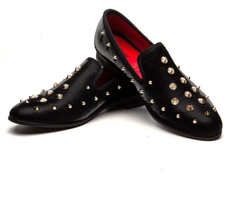 Solid Black with Gold Rivets Men Loafers Shoes