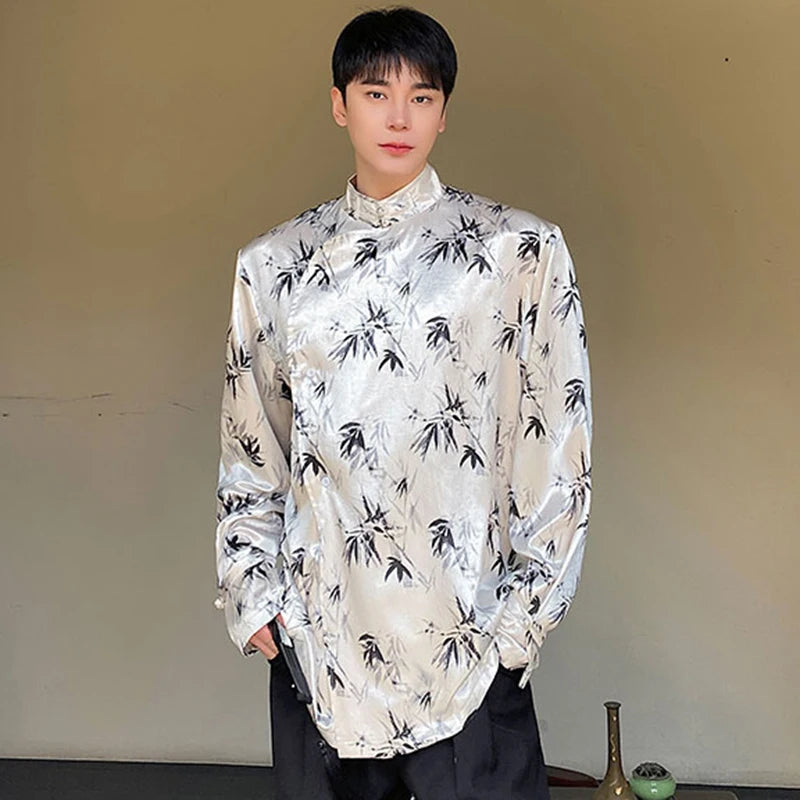 Leaves Printed Side Button Chinese Style Shirt