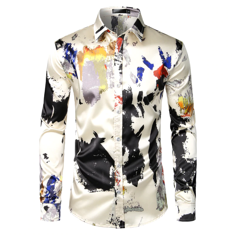 Abstract Ink Splash Prints Men Satin Shirt