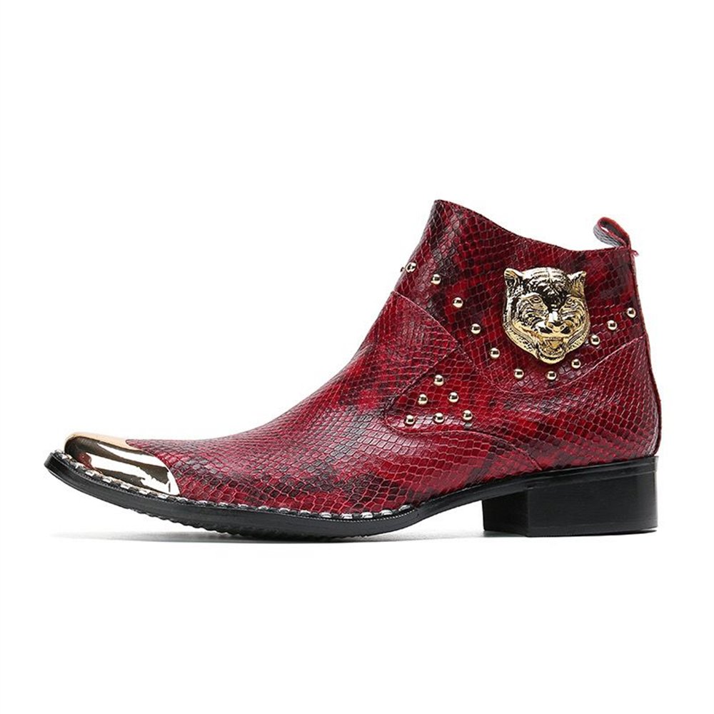 Tiger Head Appliques Snakeskin Ankle Boots