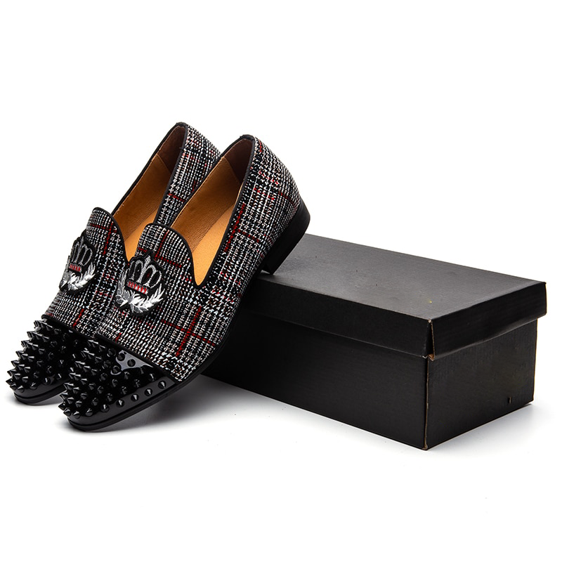 Black Spikes Rivets with Patched Ornament Detail Men Loafers Shoes - FanFreakz