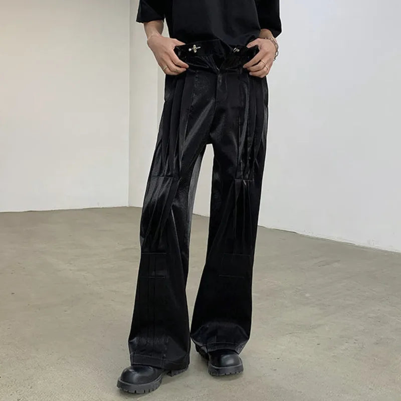 Black Pleated Metal Buckle Design Trousers