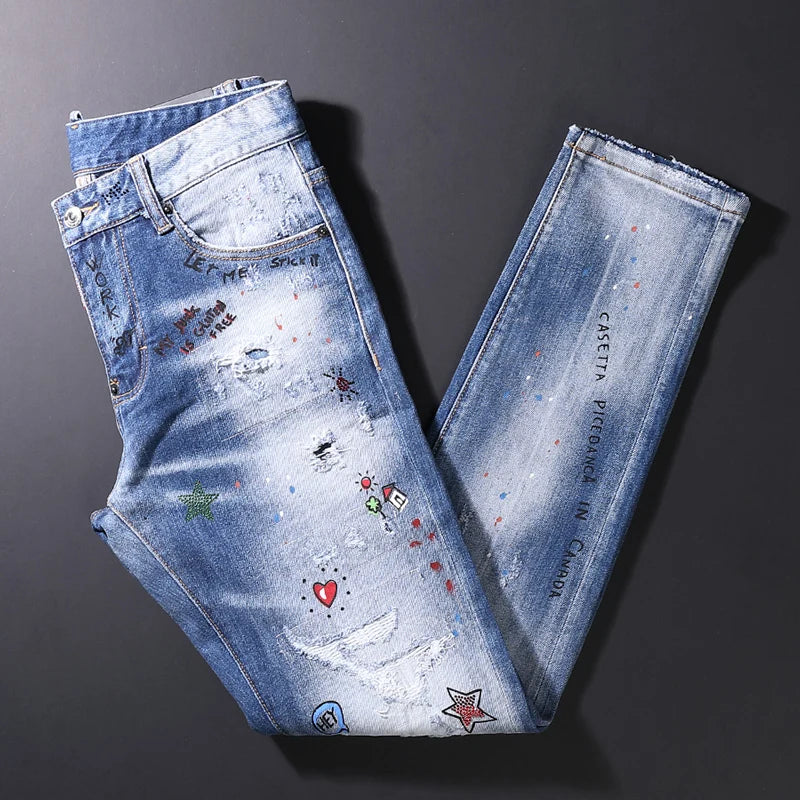 Ripped Rhinestone Decoration Slim Fit Jeans