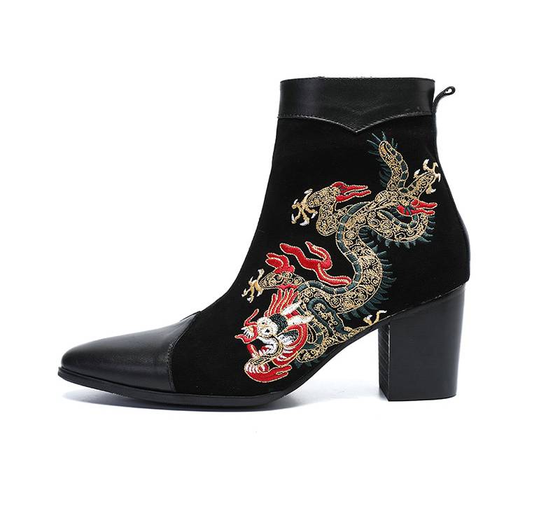 Suede Black with Dragon Embroidery Detail Men Boots