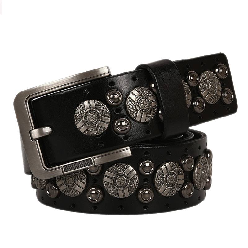 Floral Geometric Metal Studded Leather Belt