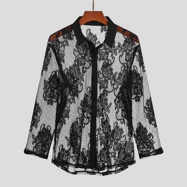 Long Sleeve Floral Lace Mesh Shirt