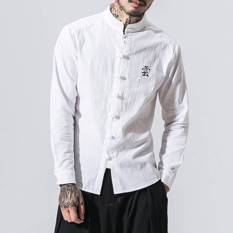 Chinese Style Linen Solid Long Sleeved Casual Men Shirts