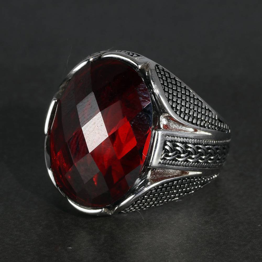 925 Sterling Red Color Zircon Stone Silver Rings