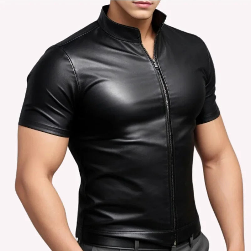 Solid Black Leather Zipper Shirt