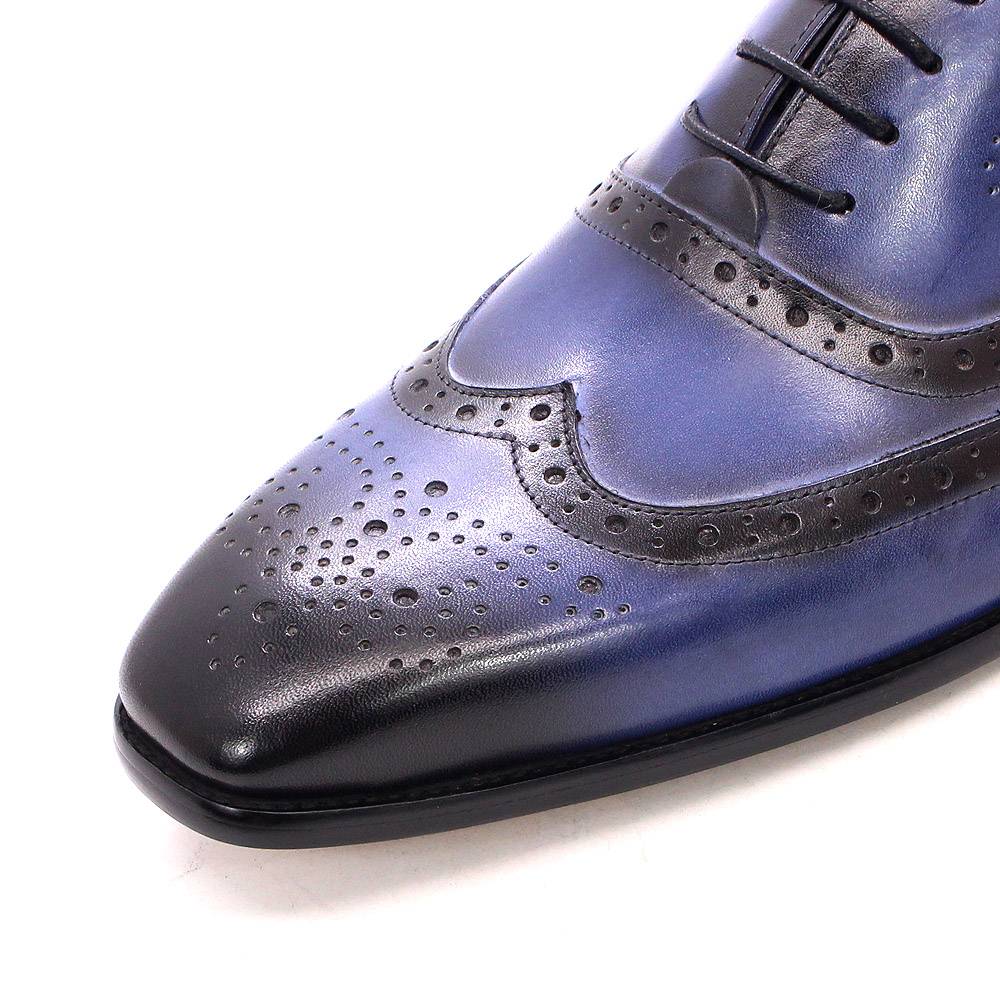 Blue Handmade Lace Up Wingtip Oxford Shoes