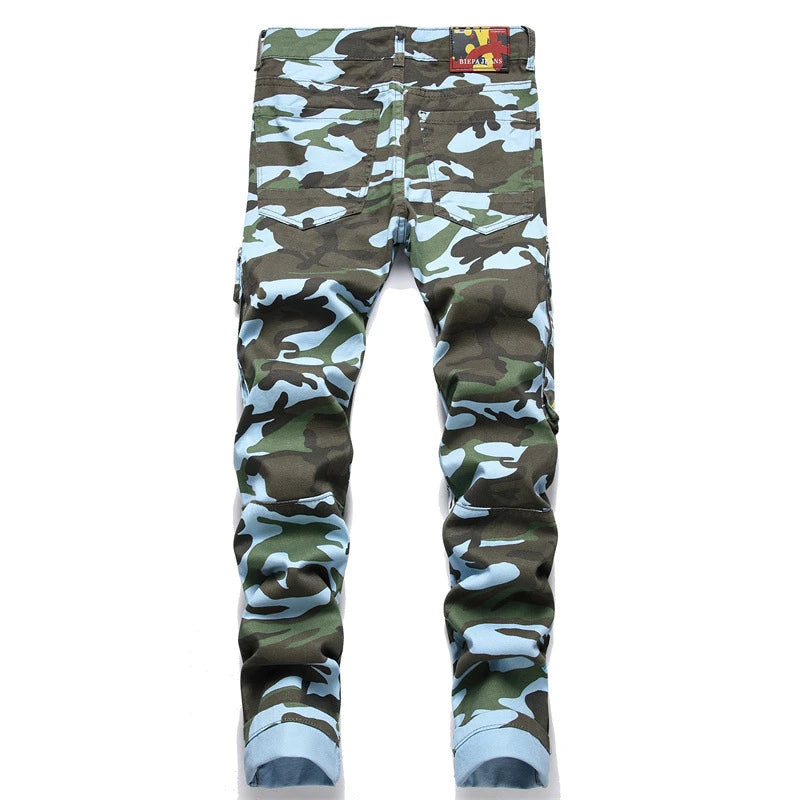 Multi-Pocket Camouflage Color Print Jeans