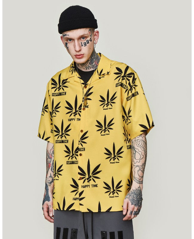 Yellow with Leaf Print in Summer Hawaiian Loose Style Men Short Sleeves Shirt