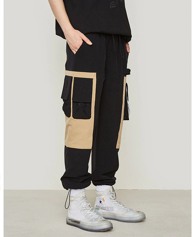 Patchwork Side Pocket Cargo Streetwear Ankle Drawstring Style Men Pants