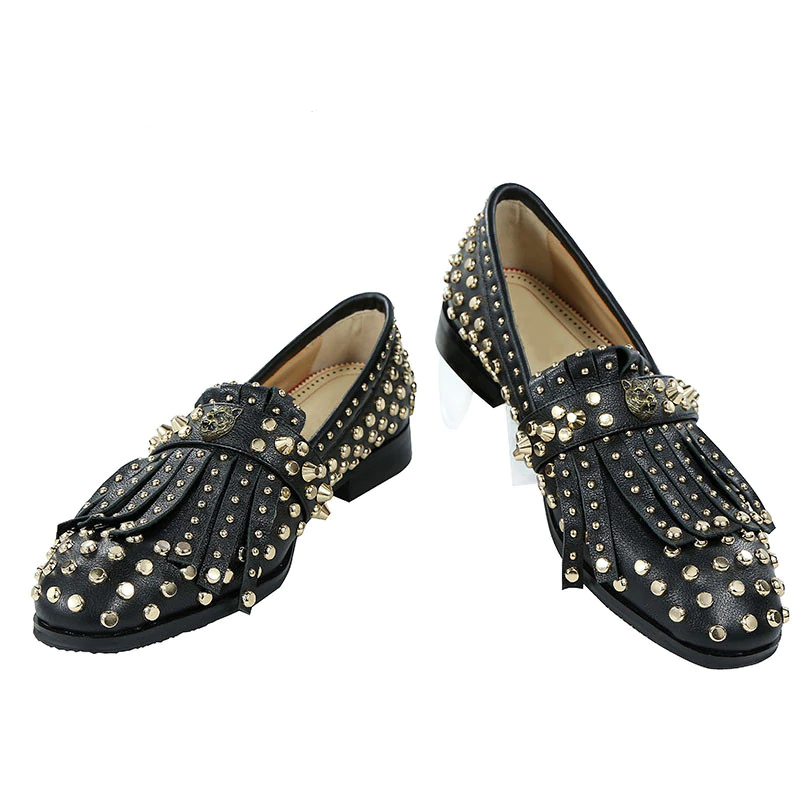 Black Leather Men Rivet Tassel Loafer Shoes