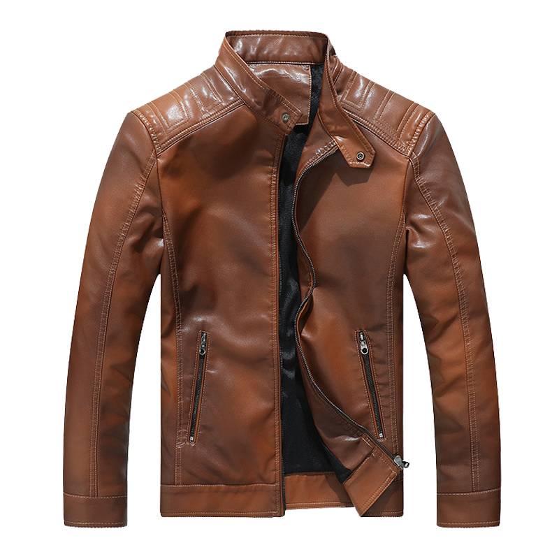 Solid Stand Collar Casual Motorcycle Biker Style Men PU Jacket