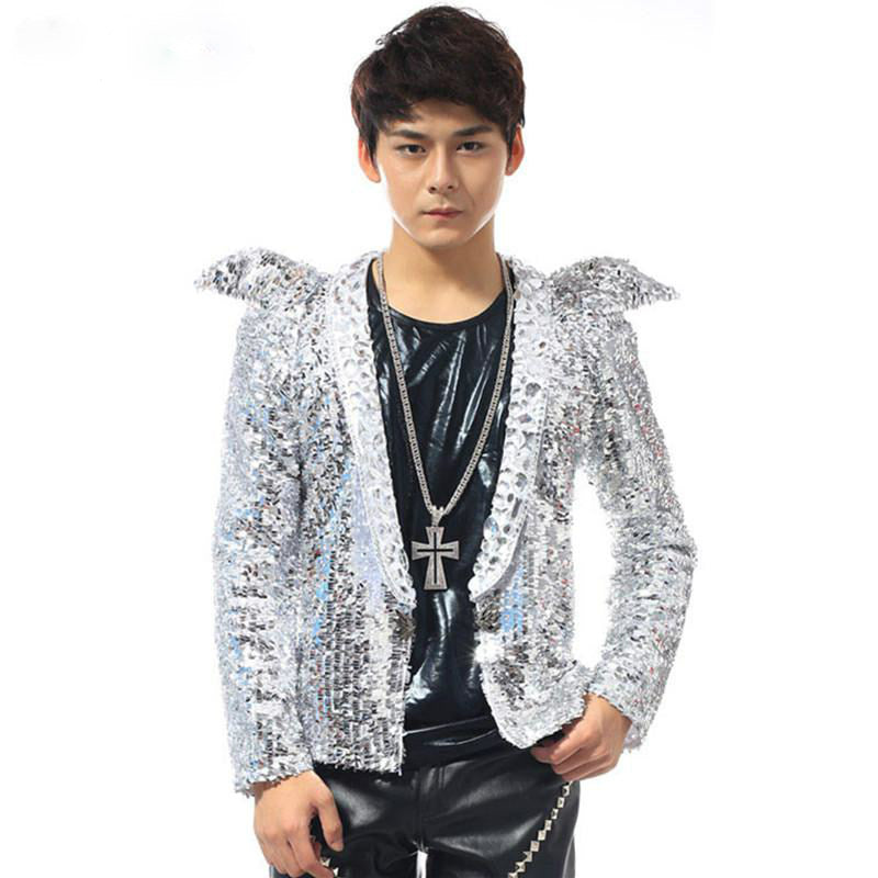 Silvery Sequins Slim Fit With Shoulder Decoration Men Jacket for Show or Stage Performance - FanFreakz