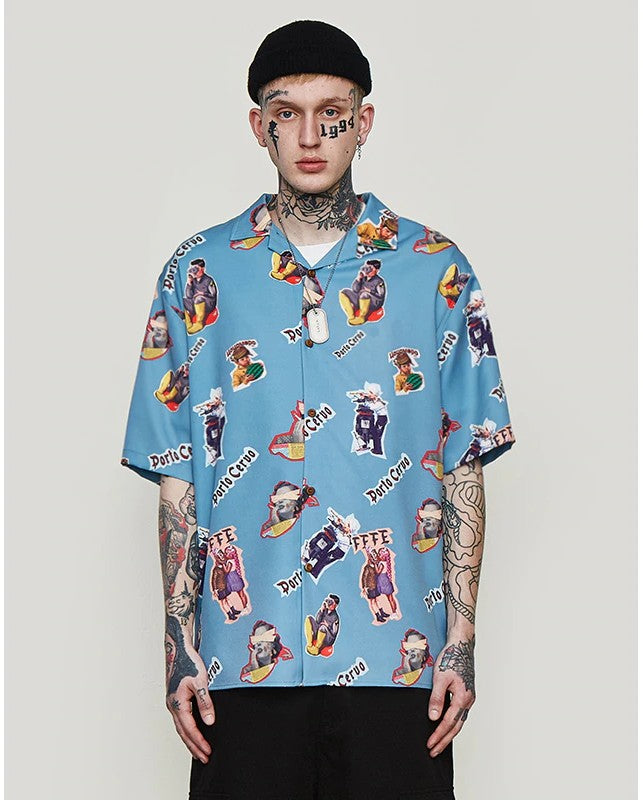 Ocean Blue Character Print in Hawaiian Loose Style Men Short Sleeves Shirt